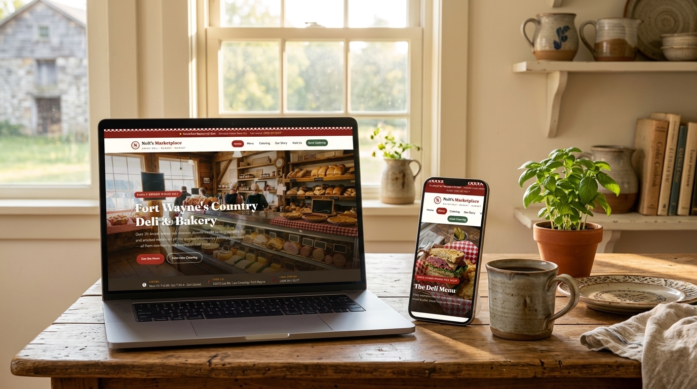 Laptop and phone displaying the Nolt's Marketplace website we built