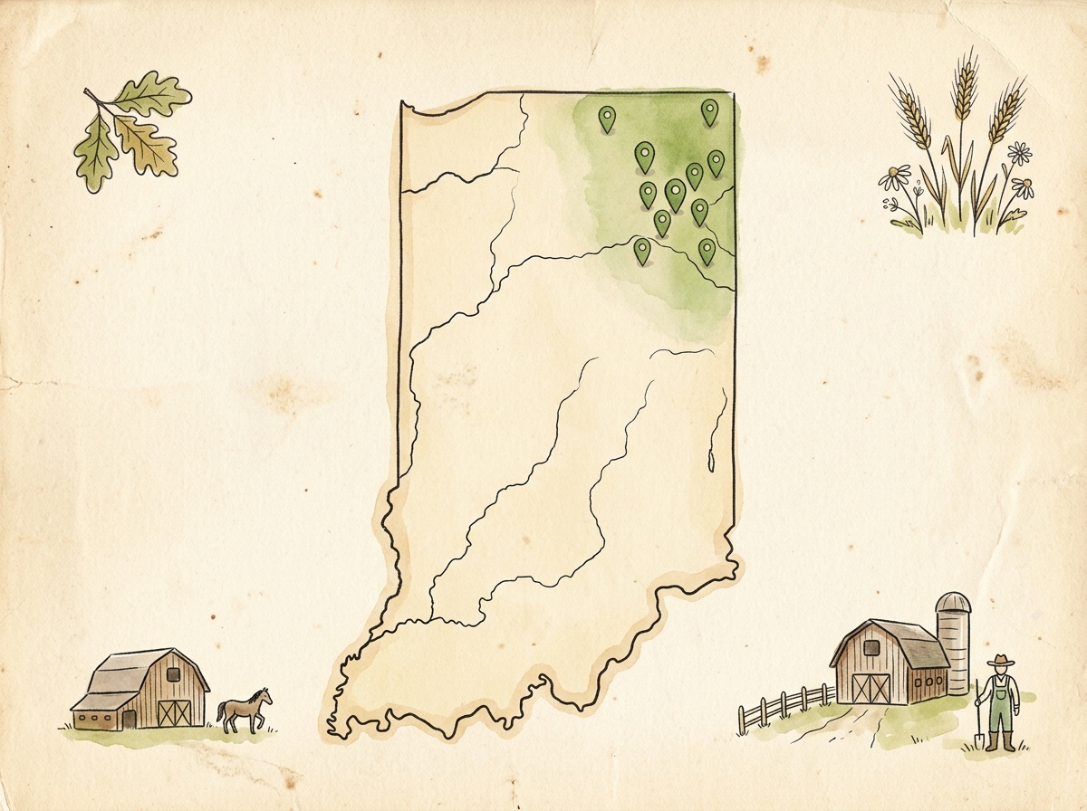 Map of Indiana with northeast Indiana highlighted and glowing pins around Fort Wayne