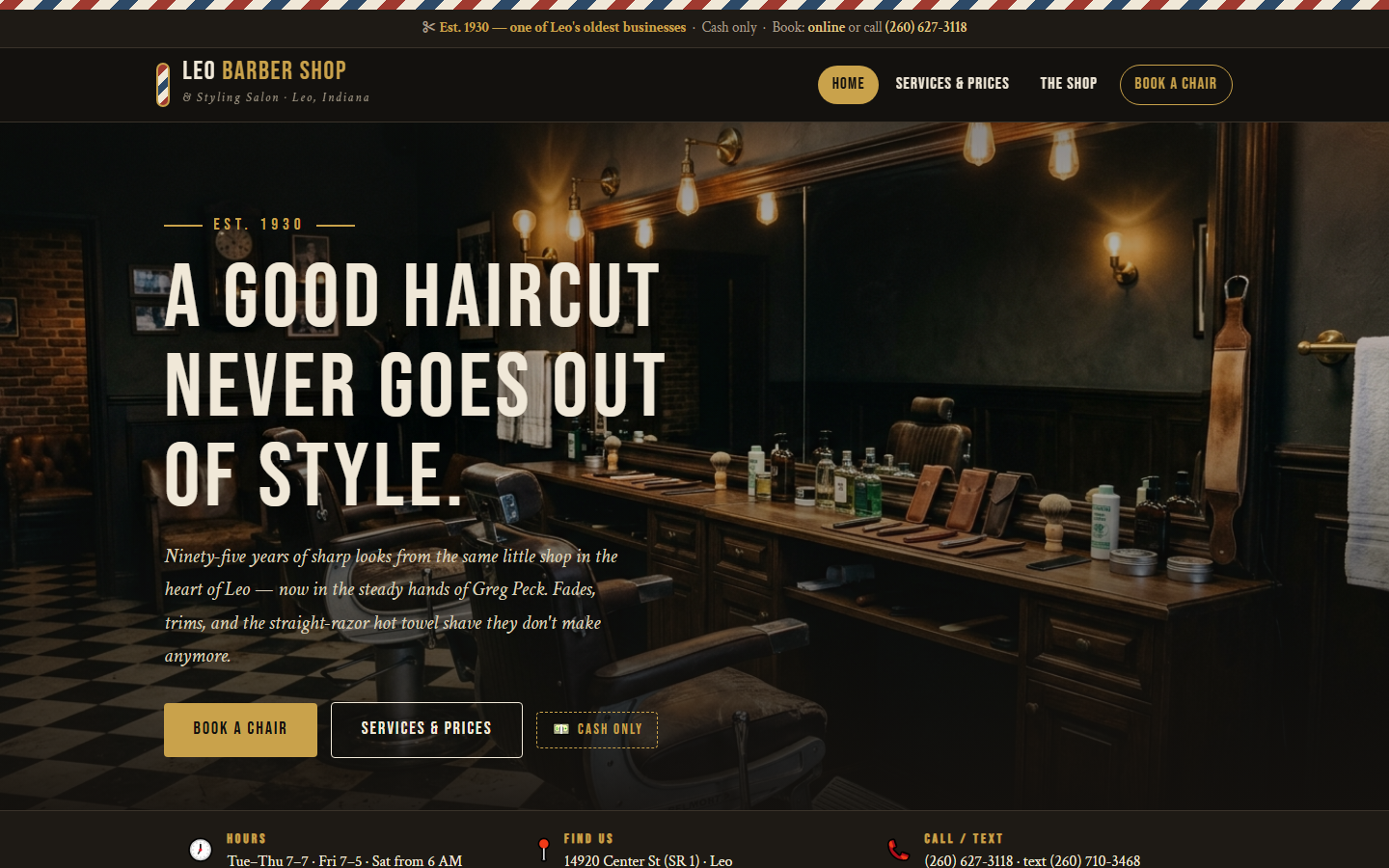 The Leo Barber Shop concept website: a dark vintage barbershop homepage with gold lettering