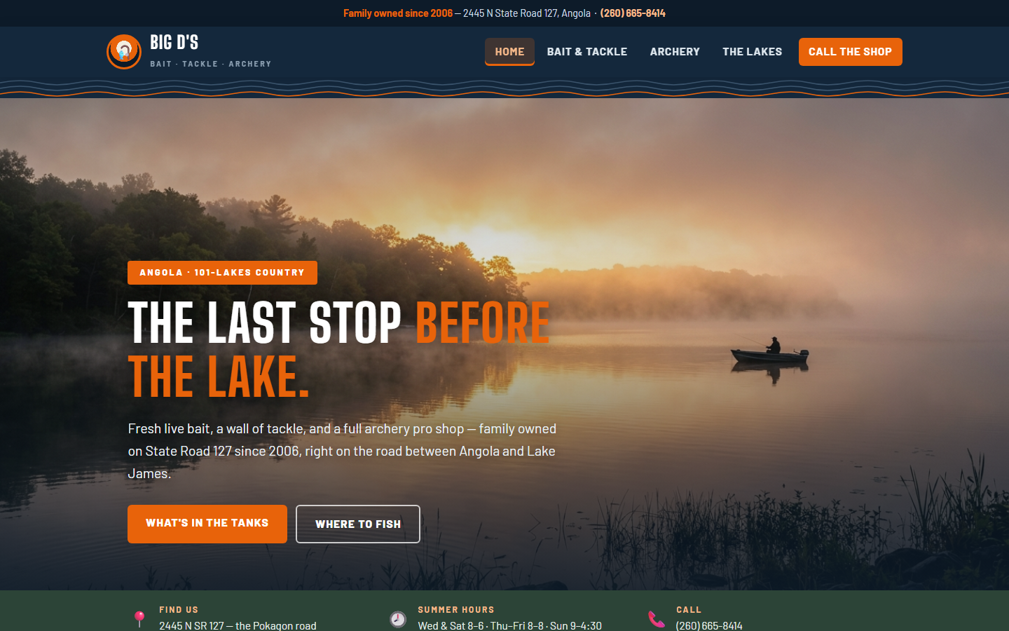 The Big D's Bait & Tackle concept website: a rugged navy and blaze-orange lakeside outfitter homepage