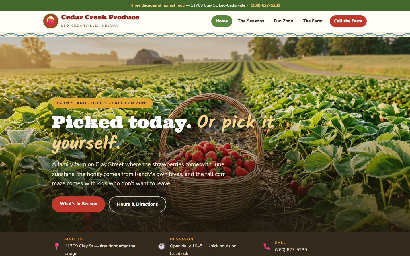 The Cedar Creek Produce concept website: a sunny orchard almanac homepage with a basket of strawberries in a U-pick field