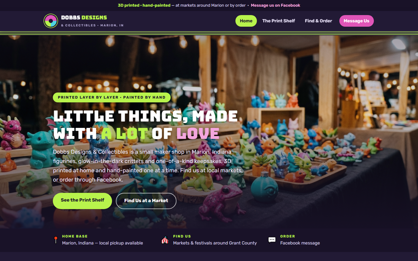 The Dobbs Designs & Collectibles concept website: a glowing dark maker-studio homepage full of colorful 3D printed figurines