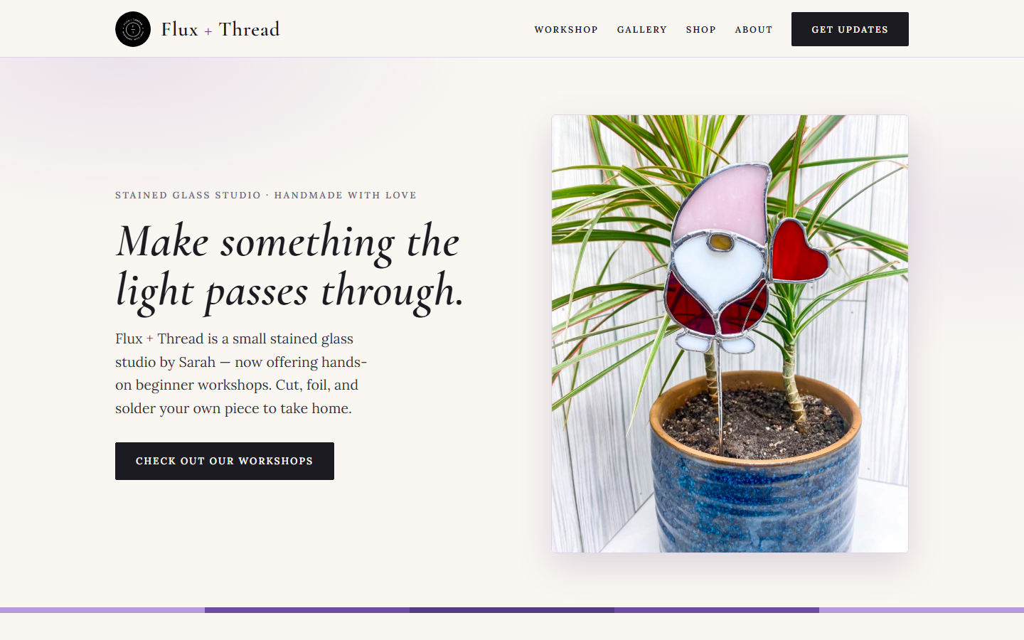 The Flux + Thread website: a light, elegant page for a stained glass studio