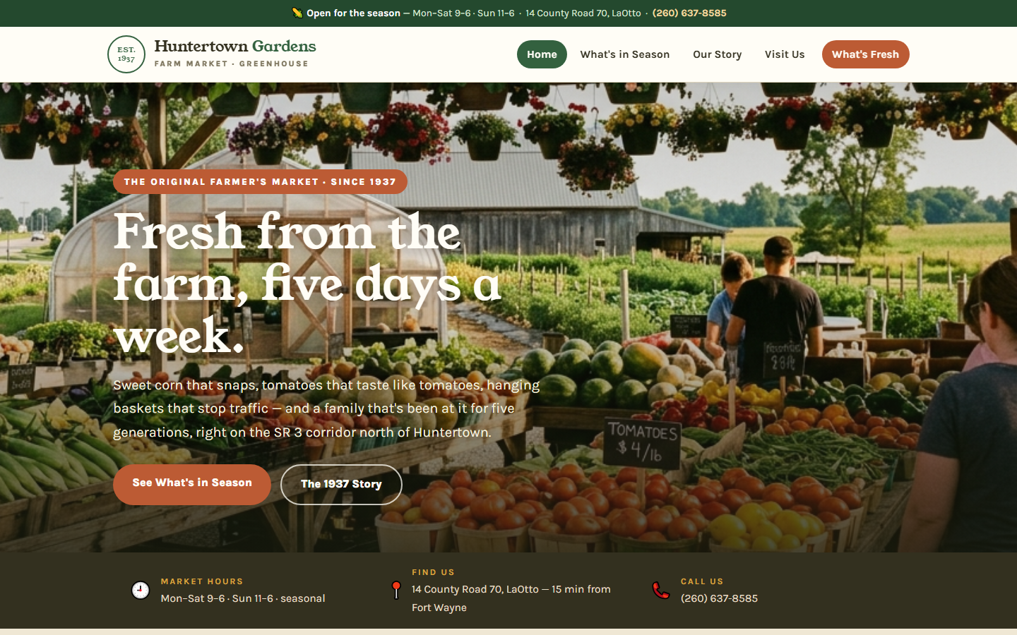 The Huntertown Gardens concept website: a heritage farm market homepage with hanging baskets and produce