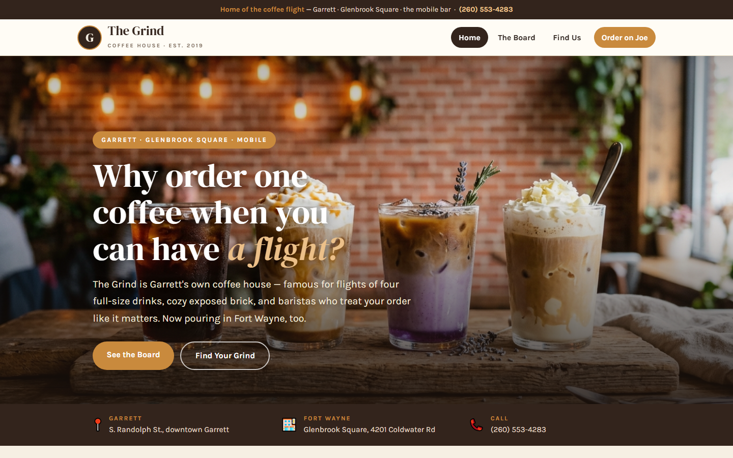 The Grind Coffee House concept website: a cozy espresso-and-cream homepage with a coffee flight hero