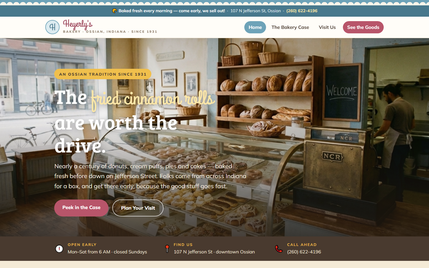 The Heyerly's Bakery concept website: a vintage storybook bakery homepage in cream and powder blue