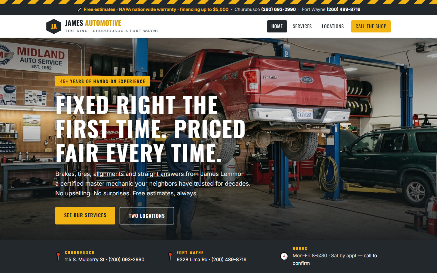 The James Automotive concept website: an industrial bold homepage with a truck on the lift