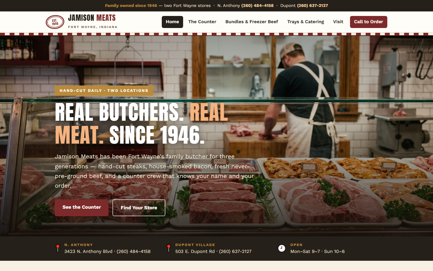 The Jamison Meats concept website: a classic butcher-counter homepage in oxblood red and butcher-paper kraft