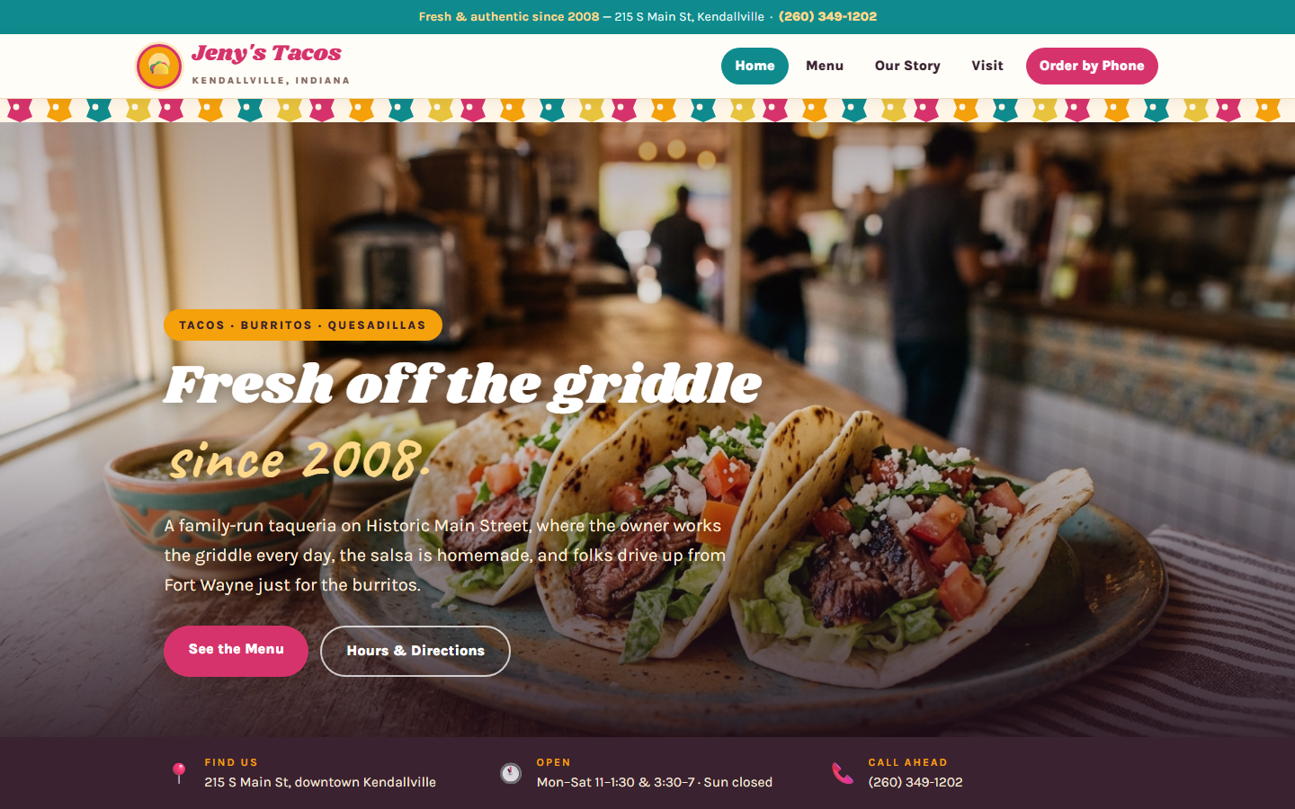 The Jeny's Tacos concept website: a vibrant fiesta homepage with papel picado banners and fresh tacos