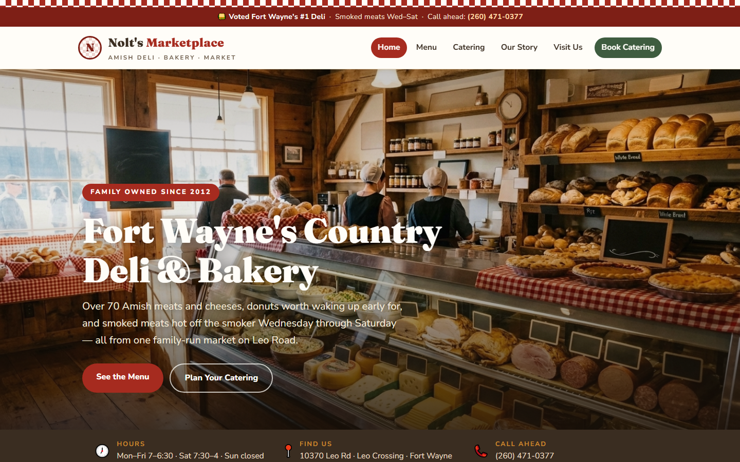 The Nolt's Marketplace homepage: a warm country deli website with a red and white checkered design