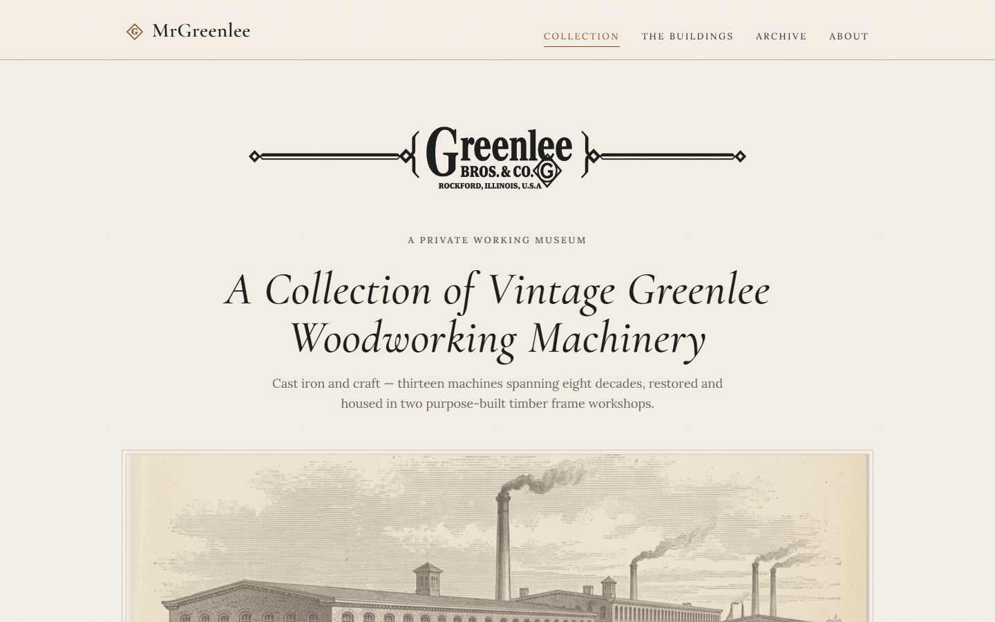 The MrGreenlee website: a vintage-styled page for a private museum of Greenlee woodworking machinery