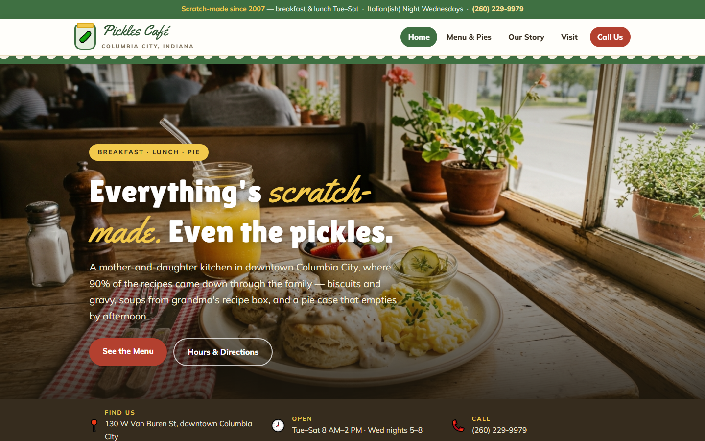 The Pickles Café concept website: a sunny pickle-green and butter-yellow diner homepage