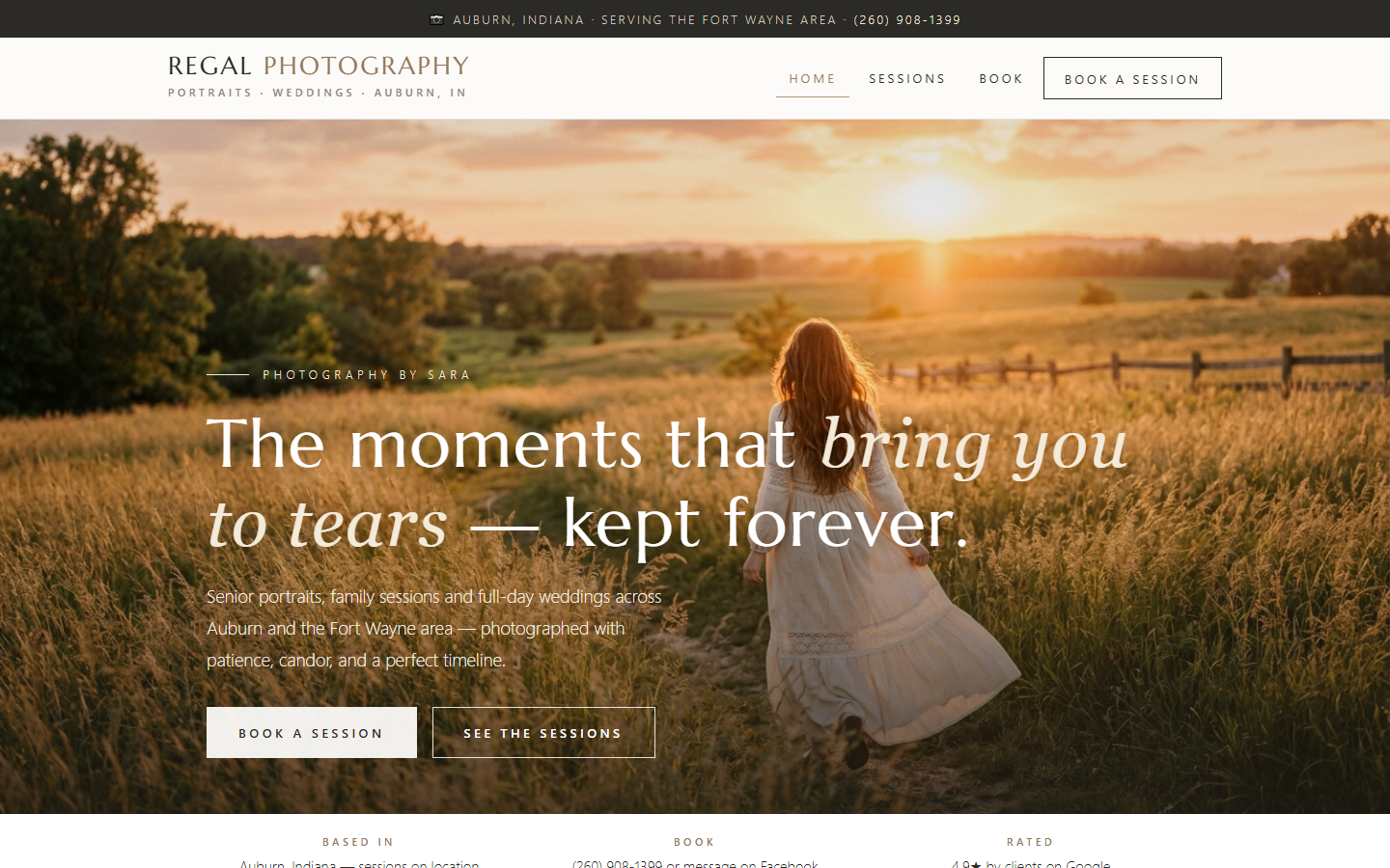The Regal Photography concept website: an airy golden-hour gallery homepage