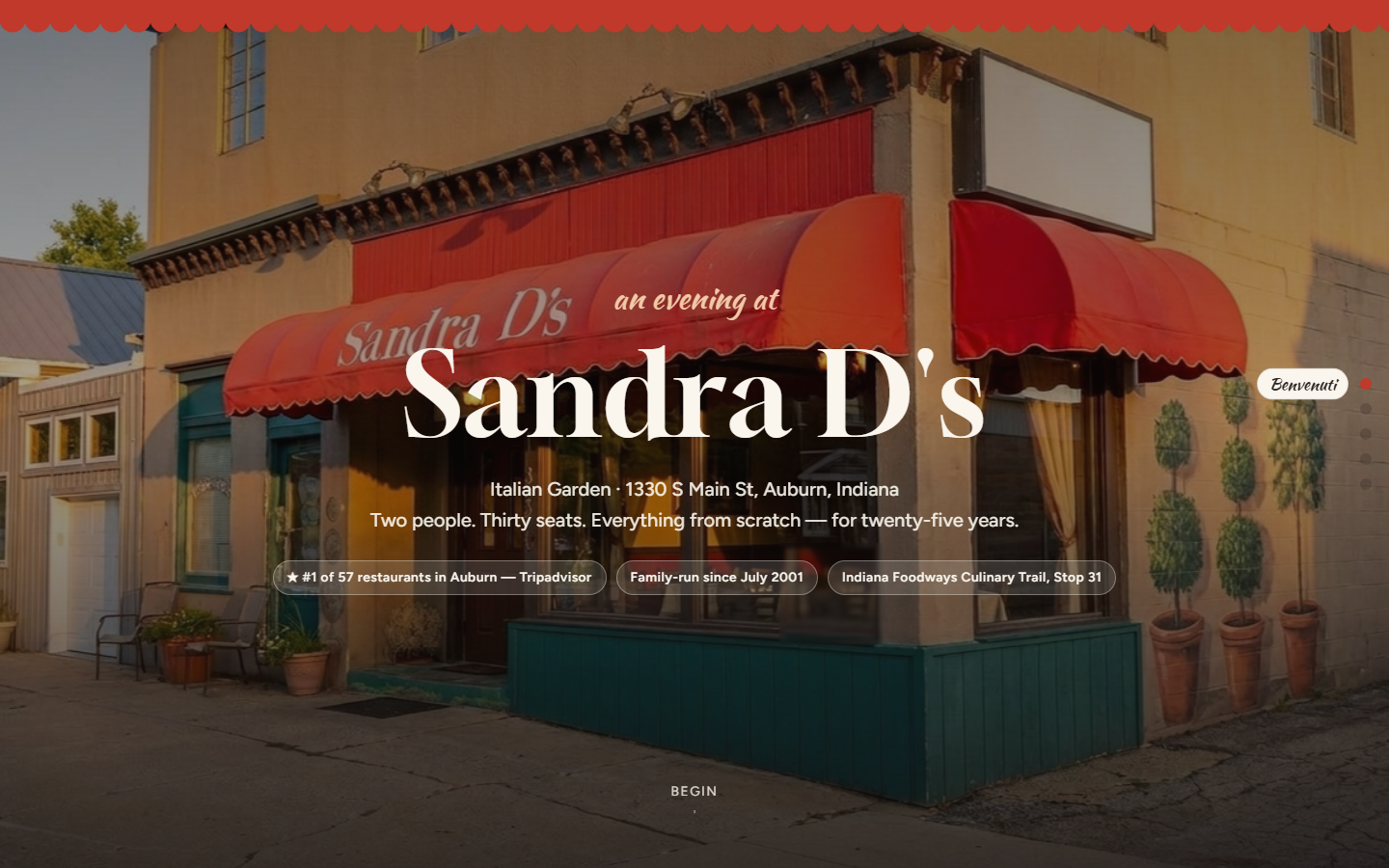 The Sandra D's Italian Garden concept website: a scroll-story homepage over the restaurant's red scalloped awning at golden hour