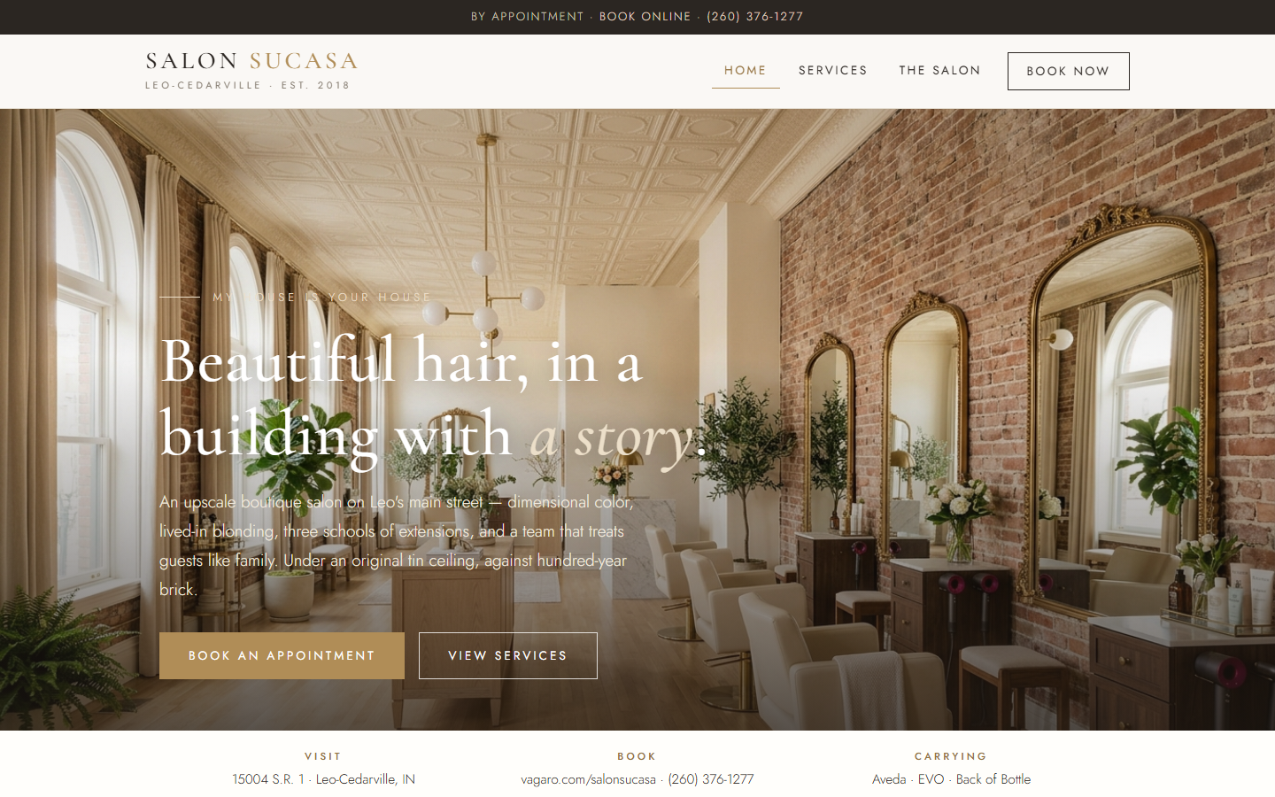 The Salon Sucasa concept website: an elegant ivory salon homepage with brass accents
