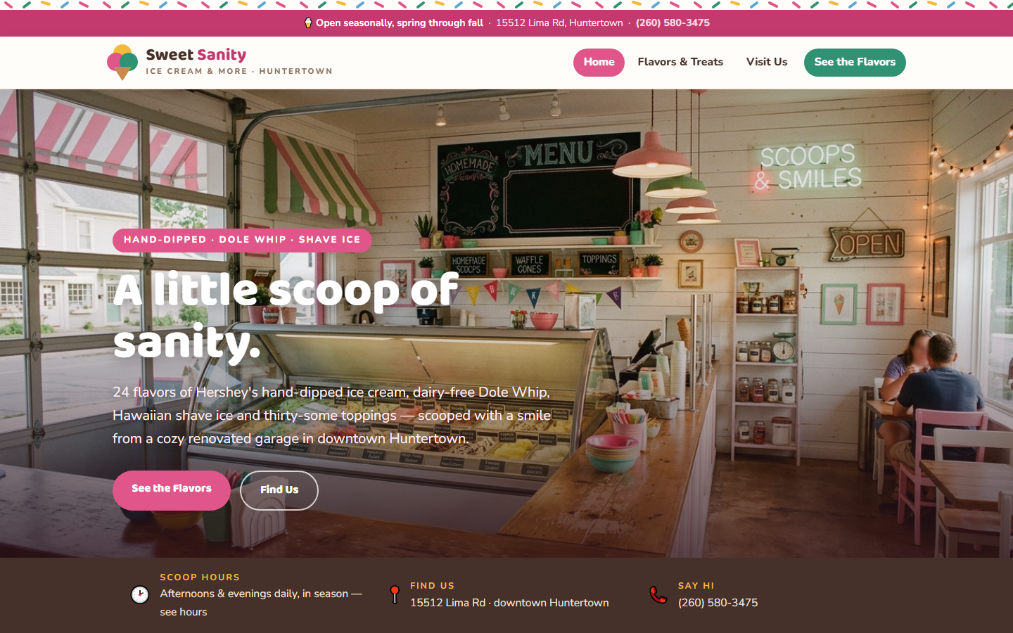 The Sweet Sanity concept website: a playful pink and mint ice cream parlor homepage