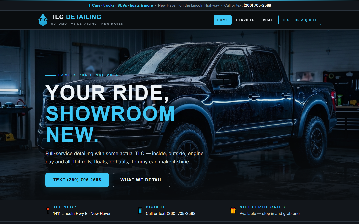 The TLC Auto Detailing concept website: a glossy black and electric blue homepage