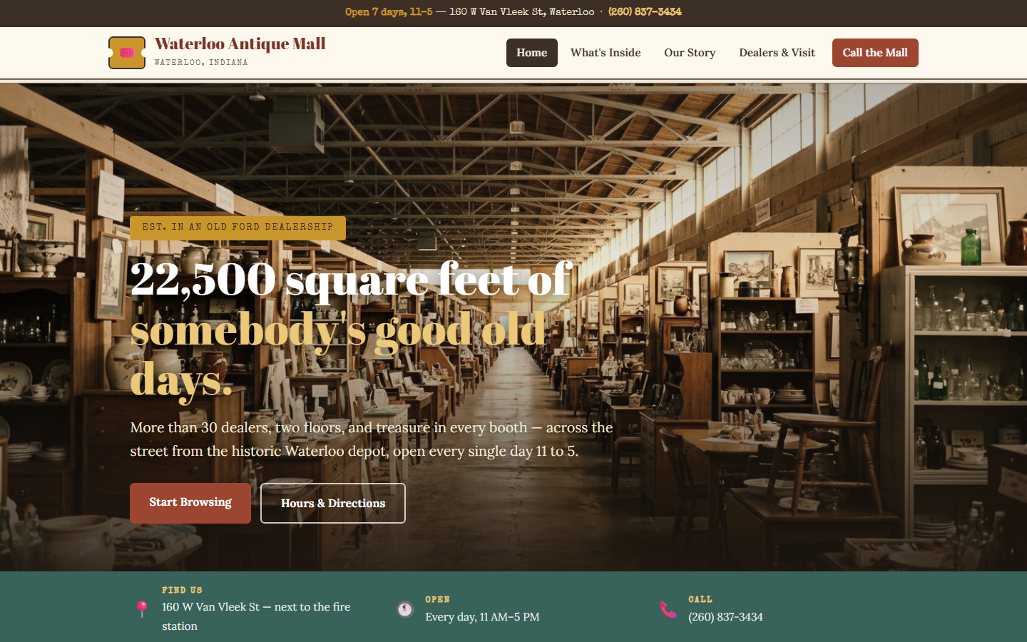 The Waterloo Antique Mall concept website: a nostalgic sepia Americana homepage with sunlit antique aisles
